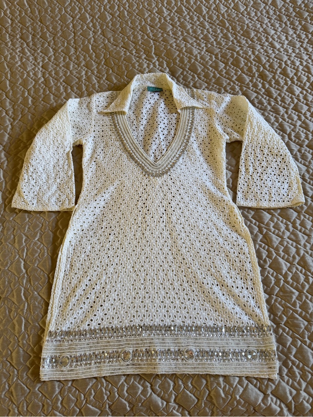 TAJ by Sabrina Crippa Beaded Cotton Eyelet Tunic Dress Ivory Small